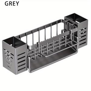 TEMU 2개 주방 싱크대 배수 랙 | 식기, 조리 도구, 스펀지, 세제 보관을 위한 다기능 메탈 랙, 자동 배수 트레이 및 분리형 닦이 막대 포함 - 회색