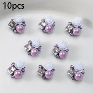 TEMU 10개 세트 레트로 우아한 보라색 & 흰색 꽃 3D 네일 아트 장식 - 합금 보석 DIY 네일 데코, 신발, 가방, 옷용 - 웨딩, 파티, 프롬 액세서리 (호환 가능)