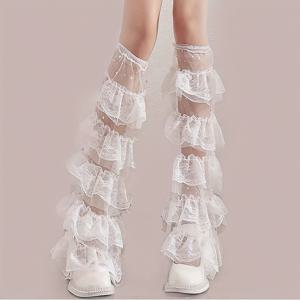 TEMU 1쌍 여성용 화이트 오버더니 소킹 레이스 트림 - Y2K 패션 미드캐프 레그워머, 시스루 스트레치 소재로 에지 스위트 스타일, 캐주얼 & 포멀룩 활용 가능, 귀여운 양말, 레깅스와 레이어링 가능한 부드러운 질감