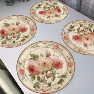 TEMU 4개 세트 우아한 핑크 장미 라운드 플레이스매트 - 미끄럼 방지, 세탁기 사용 가능, 내열성, 내구성 있는 폴리에스터 테이블 매트, 식사, 파티, 홈 데코용, 15인치 지름 빈티지 꽃무늬 디자인, 레스토랑 플레이스매트 | 세련된 식사 | 세탁기 사용 가능한 매트
