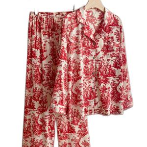 TEMU 여성 우아한 잉크 워시 프린트 새틴 잠옷 세트, 한국 스타일 봄/가을 래펠 칼라 롱슬리브, 폴리에스터 95% 엘라스테인 5%, 짜임 홈웨어