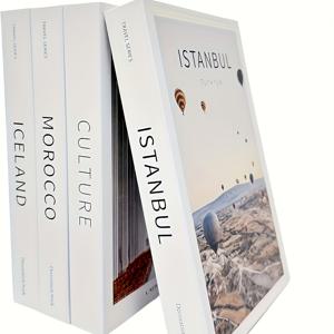 TEMU 할로윈, 크리스마스, 세트 4개의 장식용 하드커버 책, 골드 호일 스탬핑 디자인, 탁상용 디스플레이, 화이트 페이퍼 소재, 모로코, 이슬란드, 문화, 이스턴트, 크리스마스, 할로윈, 이스터, 추수감사절, 발렌타인데이를 위한 모로코, 이슬란드, 문화 테마