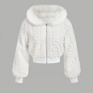 TEMU 1개 우아한 폴리에스터 100% 인조 모피 후드 크롭 재킷, 단색 니트 원단, 가을/겨울 따뜻한 아우터웨어