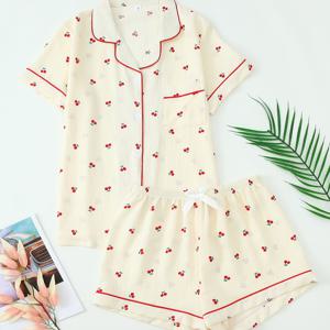TEMU 여성용 달콤한 체리 프린트 파자마 세트, 캐주얼 버튼업 반팔 카디건 반바지, 2pcs 아웃핏.