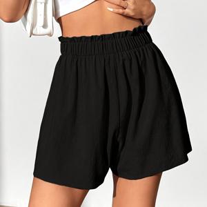 TEMU 여성용 캐주얼 단색 반바지, 100% 폴리에스테르, 직조 소재, 가벼운 136g/m², 올 시즌 편안함, 신축성 있는 허리끈, 다용도 스타일