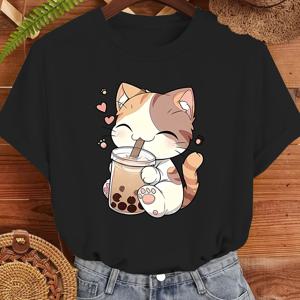 TEMU 웃는 귀여운 패턴 오렌지 탭이 고양이가 우유 차를 행복하게 들고 있으며, 작은 하트 프린트 디자인을 특징으로 합니다. 이 빈티지, , 신선하고 세련된 여성용 캐주얼 스포츠 티셔츠는 반원형 넥과 짧은 소매를 갖고 있으며, 봄과 여름에 완벽합니다.