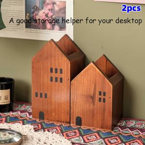 TEMU 1/2개 나무 펜 홀더 & 데스크탑 정리함 - 다기능 연필꽂이 (수납 공간 포함), 소박한 농가 디자인, 튼튼한 나무 구조, 책상, 메이크업 브러쉬, 문구류 보관에 적합, 데스크 정리함