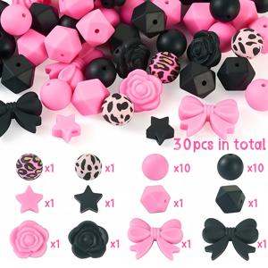 TEMU 30pcs 빈티지 스타일 실리콘 비즈 세트, 핑크 & 블랙, 별, 장미, 리본 모양, 15mm 원형 및 다각형, DIY 공예, 키체인, 래니어드, 보석 만들기, 비즈 공급 및 선물