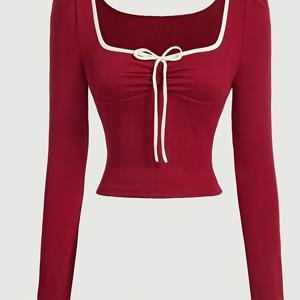 TEMU 토마토 가을 컬러 블록 엣지 긴팔 여성 탑 | 솔리드 레드, Y2K 스타일