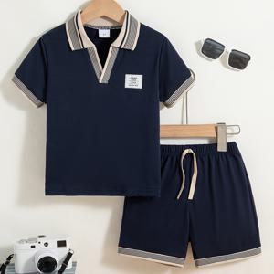 TEMU 남아용 캐주얼 여름 나들이 패션 니트 소재 라펠 반팔 티셔츠 & 쇼츠 세트, 야외 활동에 완벽한 투피스 남아 슈트