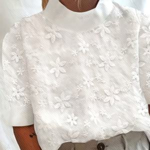 TEMU 여성용 여름 가벼운 꽃무늬 하이넥 블라우스 - 반투명 루즈핏 반팔 셔츠, 봄/여름용 세탁기 사용 가능 캐주얼 탑, 우아한 특별 컬렉션, 플로랄 프린트 블라우스, 따뜻한 날씨 의상, 섬세한 자수, 섬세한 스티칭, 봄 컬렉션