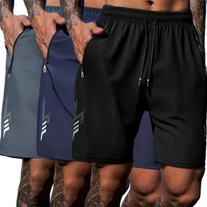 TEMU 3개 남성용 빠른 건조 운동용 반바지 - 통기성 폴리에스터, 여름 스포츠 장비 포켓 포함, 단색 캐주얼 러닝, 골프, 트레이닝용