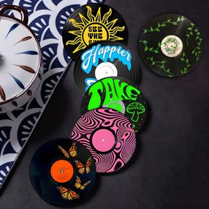 TEMU 6개 비닐 레코드 코스터 - 머그잔, 커피숍, 사무실, 주방, 레스토랑, 생일, 크리스마스 선물에 완벽한 나무 코스터