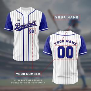 TEMU 맞춤형 남성용 야구 저지 - 이름과 번호로 개인화, 파란색과 흰색 줄무늬, 편안한 폴리에스터, 스포츠 트레이닝 및 캐주얼 착용에 이상적