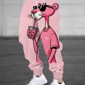 TEMU 남성용 핑크 팬서 만화 프린트 조깅 - 3D 프린트, 캐주얼 루즈핏, 빠른 건조, 수분 흡수 폴리에스테르, 드로스트링 허리 - 골프, 낚시, 농구, 캠핑, 체육관, 해변에 이상적