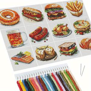 TEMU 12피스 자수 키트 음식 케이크 버거 소잉 취미 크로스 스티치 세트 샌드위치 핫도그 프린트 캔버스 완성형 수제 공예 세트 수제 선물