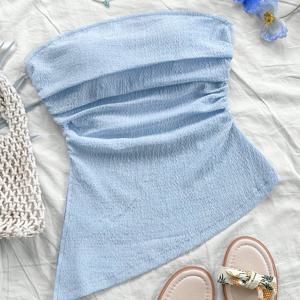 TEMU 여성용 비대칭 스모크 드레스 - 스트랩리스 그리스 키 헴 비치 드레스, 러플 칼라 & 숏 슬리브 패널, 세탁기 사용 가능한 여름 휴가 아웃핏, 풀사이드, 캐주얼에서 드레시 이벤트까지 (No)