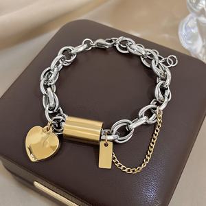 TEMU 패션 러브 하트 펜던트가 달린 1개 팝크 청키 골든 실버리 혼합 색상 두꺼운 체인 스테인리스 스틸 팔찌, 여성 및 남성용 손목 주얼리, 파티와 스트릿 스타일 선물에 완벽함