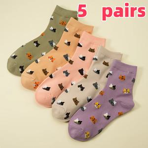 TEMU 10쌍/5쌍 여성용 귀여운 캐릭터 고양이 얼굴 중목 양말 - 부드럽고 통기성 좋은 파스텔 컬러, 다양한 고양이 패턴, 세탁 가능, 캐주얼 & 오피스웨어, 일상 편안함, 유행하는 패션, 쾌적한 소재