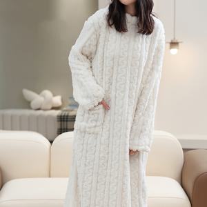 TEMU 1개 여성용 우아한 두꺼운 겨울 플리스 나이트가운 - 긴 소매 라운드 넥 솔리드 컬러 포켓 로브, 루즈핏 연장 길이 홈 & 캐주얼 아웃웨어, 세탁기 사용 가능, 실내 편안함, 고급스러운 질감, 부드러운 원단, 포근한 잠옷