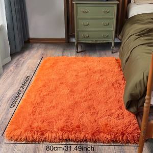 TEMU 1개, 오렌지색 털이 긴 플러시 매트, 북유럽 스타일 거실 침실 머리맡 매트, 부드럽고 휴대가 편리한 터치감, 가볍고 휴대하기 쉬움, 따뜻한 분위기를 쉽게 조성할 수 있음, 접을 수 있는 보관 가능, 공간 절약, 거실, 침실, 선룸 또는 공부방에서 사용 가능