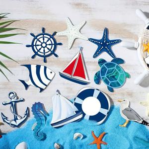 TEMU 목재 장식품 세트 12개 - 항해용 매달기 장식, 해변 나무 장식, 미니 앵커, 구명부표, 별모양 바다별, 범선, 연안 장식, 어망 공예