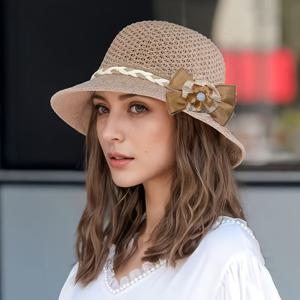 TEMU 1pc 우아한 여성용 꽃 장식 스트로햇 - 통기성이 좋은 빈 공간을 가지는 햇빛 모자, 여름 패션 액세서리| 패션적인 야외 여행 휴가 낚시인 모자, 짠 구조| 다용도 일상 착용 액세서리, 해변 모자