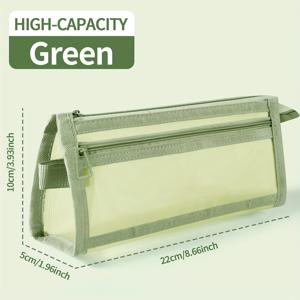 TEMU 모란디 그리드 메쉬 핸들 및 지퍼 클리어 더블 레이어 연필 케이스 마커 파우치 여행용 메이크업 백 귀여운 투명 문구 정리함 펜 가방 - 성인 사무실 대학용|파우치|필통