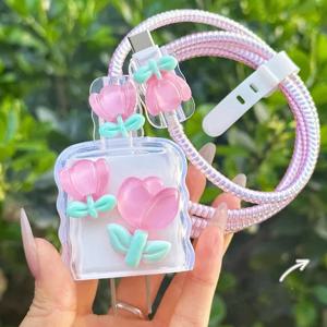 TEMU 아이폰 18-20W 충전기용 꽃무늬 보호 케이스 5개 세트, 파손 방지, 폰 액세서리,플로럴 디자인,장식용 커버,유연한 소재,충격 방지 커버,아이폰 충전기 케이스,아이폰 사용자