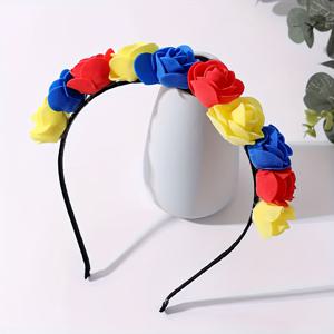 TEMU 꽃 헤드밴드 - 화려한 빨간색, 파란색, 노란색 장미 | 세련된 폴리에스터, 깃털 없음 | 파티, 축제, 캐주얼 의상에 완벽 | 손세탁만, 파티 헤드웨어 | 화려한 헤드밴드 | 폴리에스터 헤드밴드