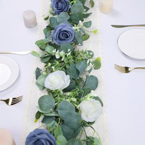 TEMU 2개 12FT 먼지 같은 파란색 꽃 인공 유칼립투스 가랜드 꽃 흰 장미 베이비 브레스 플로럴 그린러리 가랜드 우아한 장미 매달린 덩굴 파티 결혼식 배경 센터피스 테이블 러너 아웃도어 가든 벽 장식