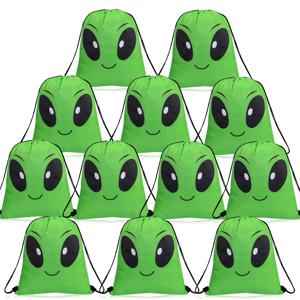 TEMU 12개의 외계인 얼굴 파티 드로스트링 가방 - 내구성 있는 폴리에스터, 생일, 크리스마스, 할로윈을 위한 재사용 가능한 선물 포장 - 휴대용 파티 선물 및 과자용 포장, 선물 포장