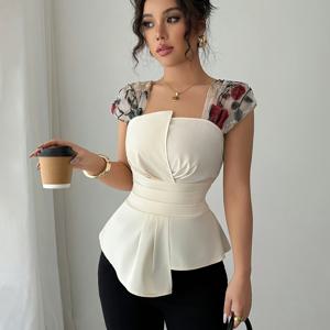 TEMU 여성용 우아한 비대칭 밑단 자수 메쉬 패널 블라우스 - 스퀘어 넥 여름 탑, 맞춤형 허리, 기계 세탁 가능 단색 셔츠, 캐주얼 & 포멀웨어 일상 스타일리시 탑, 고급스러운 패션, 신축성이 없는 원단