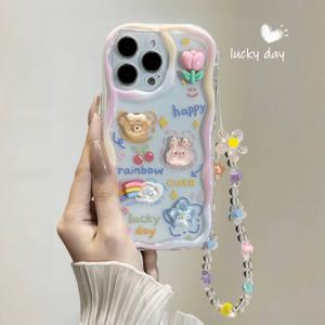 TEMU 크림색으로 장식된 휴대폰 장식, 꽃 액세서리, 인형 삽화, 추가 팔찌, 애플 크림색 꽃 무늬 케이스, 꽃 팔찌, 부드러운 투명 보호 케이스, 아이폰 모델 16, 15, 14, 13, 12, 11 프로 맥스, 14, 15, 16 플러스, XS, XR, X, 8, 및 7에 적합합니다.