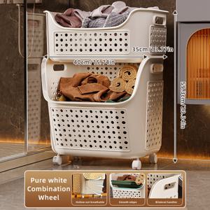 TEMU 휠이 있는 대용량 이중층 세탁 바구니, 통기성이 좋은 직물 더러운 옷 바구니, 옷, 담요, 호텔 및 тек스트일 밀에 적합 - 흰색 플라스틱, 독립형, 3.2 큐빅 피트 이상, 세탁 바구니|빨래바구니