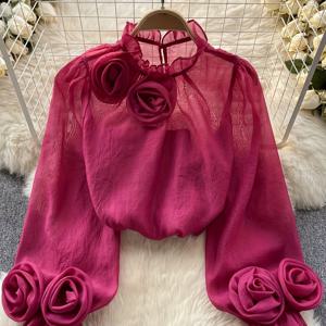 TEMU 여성용 우아한 프랑스 영감 블라우스 - 단색 핑크색 3D 로즈 애플리케이션, 퍼프 슬리브, 및 라플넥 라인 - 봄/여름/가을용 다용도 긴팔 상의, 다용도 패션 | 라플넥 라인 상의 | 라플 슬리브 디자인