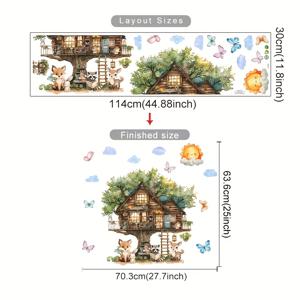 TEMU 1pc 유머러스한 동화 나무집 벽 스티커 - 매력적인 동물 장면이 있는 자체 접착식 비닐 아트 데칼, 매트 핏, 방 및 집 장식용 쉽게 벗겨내고 붙이기, 정글 테마, 배터리 필요 없음, 방 장식 스티커 | 동화 테마 | 쉽게 설치할 수 있는 데칼, 정글 테마 장식