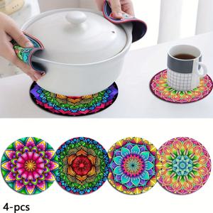 TEMU 만다라 패턴이 있는 4개의 나무 플레이스매트 세트, 홈 다이닝 테이블 장식에 적합, 내열성 및 방열, 테이블 표면 보호