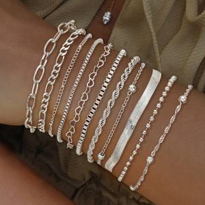 TEMU 11pcs 우아한 주석 합금 팔찌 세트 - 라운드 비즈, 하트 & 뱀 모티프가 있는 와이드 페이스 메탈 체인 - 일상적인 착용, 선물, رمضان, 및 특별한 기회에 적합 - 휴일, 파티, 및 데이트에 이상적, 일상적인 팔찌 세트 | 우아한 팔찌 디자인 | 주석 합금 팔찌