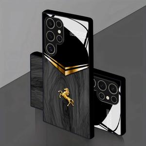 TEMU 삼성 갤럭시 모델용 다기능 블랙 우드 그레인 디자인 강화 유리 폰 케이스 (S25, S24, S23, S22, S21, S20 및 다양한 A 시리즈 포함), 스타일리시하고 창의적인 커플용 귀여운 고품질 보호 커버, 15가지 모델로 제공