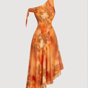 TEMU 여성용 우아한 비대칭 오프숄더 꽃무늬 드레스 - 스타일, 생동감 있는 오렌지색 및 흰색 타이디 패턴, 유연한 A라인 실루엣, 봄/여름 해변 휴가, 차례, 캐주얼 외출에 완벽한, 해변 드레스