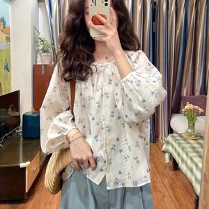 TEMU 여성용 여름 캐주얼 퍼프 소매 블라우스 - 가벼운 시폰 탑, 파란 꽃무늬 프린트, 삼분의 일 소매 라운드넥 셔츠 (손세탁 전용), 편안한 착용감, 부드러운 원단