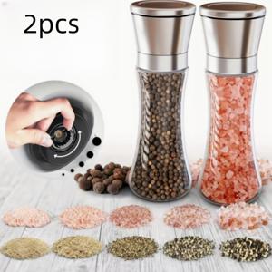 TEMU 2pcs 유리 소금 및 후추 그라인더 세트, 스테인레스 스틸 스파이스 밀러, 세라믹 블레이드, 조절 가능한 거칠음, 재사용 가능, 주방 사용을 위한 전기 없음, 조절 가능한 스테인레스 스틸 쉐이커 거칠음이 있는 2pcs 후추 및 소금 그라인더 세트