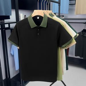 TEMU 남성용 캐주얼 반팔 폴로 셔츠 - 통기성이 좋은 니트 소재, 수분 흡수, 녹색 칼라 및 쿠프, 버튼 업 프론트, 여름 스트리트웨어 스타일, 캐주얼 여름 의류 | 버튼업 칼라 셔츠 | 수분 흡수 소재, 땀 방지|기능성반팔