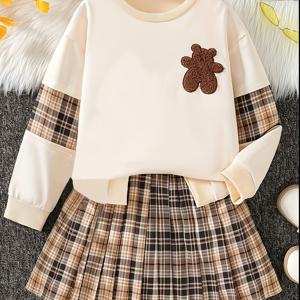 TEMU 봄/가을 여아용 귀여운 만화 곰돌이 자수 체크 패치워크 긴팔 라운드넥 탑 + 캐주얼 파티 편안한 체크 플리츠 스커트, 봄 해변 휴가 여행 야외 활동 모임 피크닉 캠퍼스에 적합, 중대형 사이즈 편안한 투피스 세트, 야외 활동에 적합