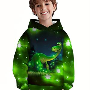 TEMU 소년용 3D 발광 공룡 후드티 - 별이 빛나는 밤하늘 프린트, 봄/가을용 부드러운 캐주얼 풀오버, 세탁기 사용 가능한 키즈 스웨트셔츠, 공룡 애호가를 위한 완벽한 선물, 공룡 파티 장식, 꿈결 같은 배경 프린트, 세탁 가능 원단, 디지털 프린트 품질