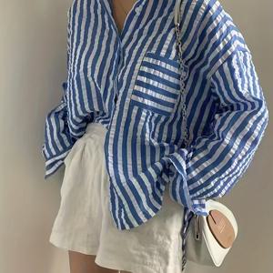 TEMU 여성용 블라우스 - 긴팔 버튼업 셔츠, 파란색 & 흰색 세로 줄무늬, 비신축성 사무실 및 일상복, 기계세탁 가능 사계절 상의, 캐주얼 웨어, 통기성 옷감, 오픈탑 디자인, 직장복, 탑, 가벼운 소재, 남녀공용