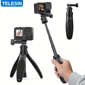 TEMU TELESIN 퀵릴리즈 미니 셀카봉 2.0 - 고강도 알루미늄 합금 확장형 폴, GoPro 13/12/11, DJI Action 5 Pro/3/4, Insta360 X45, Pocket 3 카메라 호환, 전문 블로깅 및 여행 사진 촬영용 삼각대 마운트, 컴팩트 디자인, 내구성 강화, 카메라 안정기, 여행 블로거를 위한 완벽한 선택