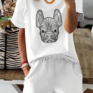 TEMU 여성용 2피스 여름 캐주얼 세트 동물 프린트 반팔 티셔츠 탑과 라운드 넥 티, 탄력 있는 쇼츠 아웃핏, 여성 투피스 패션 레저 수트 홈웨어