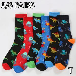 TEMU 남성용 해양 공룡 만화 크루 양말 3/6켤레 - 생동감 넘치는 수중 공룡 & 문어 패턴의 통기성 쿠션 캐주얼 양말, 여행 및 야외 활동용 핸드워시 전용, 재미있는 양말 디자인